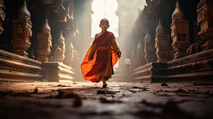 Papier Peint photo Lieu de culte Monks and novices in an old temple in Thailand