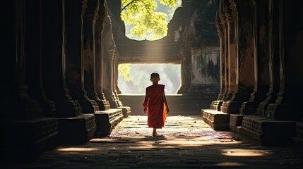 Monks and novices in an old temple in Thailand - obrazy, fototapety, plakaty
