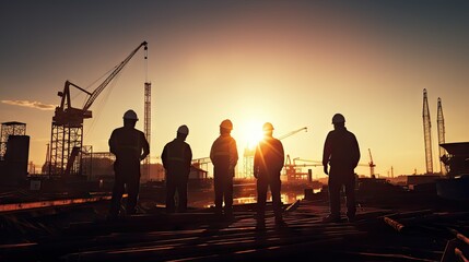 Fototapeta na wymiar A number of engineers and workers are inspecting a project at the background of a construction site at sunset in the evening.