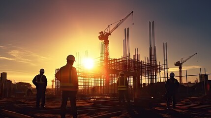 A number of engineers and workers are inspecting a project at the background of a construction site at sunset in the evening.