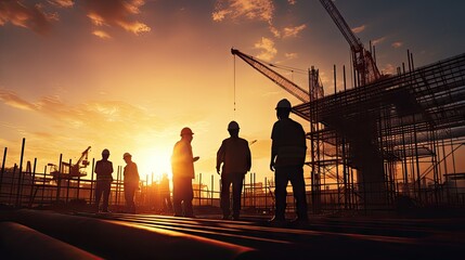 A number of engineers and workers are inspecting a project at the background of a construction site at sunset in the evening.