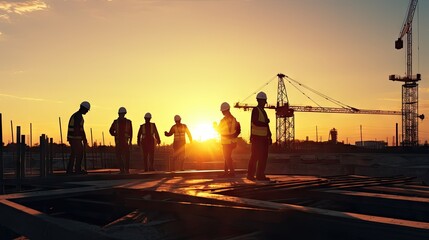 A number of engineers and workers are inspecting a project at the background of a construction site at sunset in the evening.