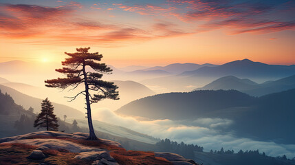 a lonely pine tree in the sunset mist in the mountains, an autumn calm landscape of wildlife, a...