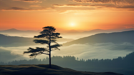 a lonely pine tree in the sunset mist in the mountains, an autumn calm landscape of wildlife, a...