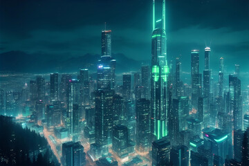 Fototapeta premium Vibrant Eco-Futuristic Vancouver: Neon-Lit Skyscrapers Enhancing the Night Sky in a Bustling Green Cityscape.