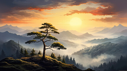 a lonely pine tree in the sunset mist in the mountains, an autumn calm landscape of wildlife, a vertical panorama of the forest - obrazy, fototapety, plakaty