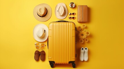 Flat lay yellow suitcase with traveler accessories on yellow background. travel concept