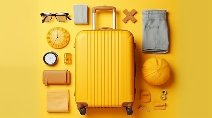 Flat lay yellow suitcase with traveler accessories on yellow background. travel concept