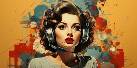 Retro banner with a girl in headphones
