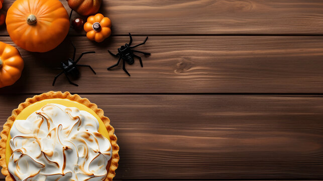 lemon meringue pie on a wooden background with autumn thanksgiving pumpkins, gourds and halloween spiders with copy space