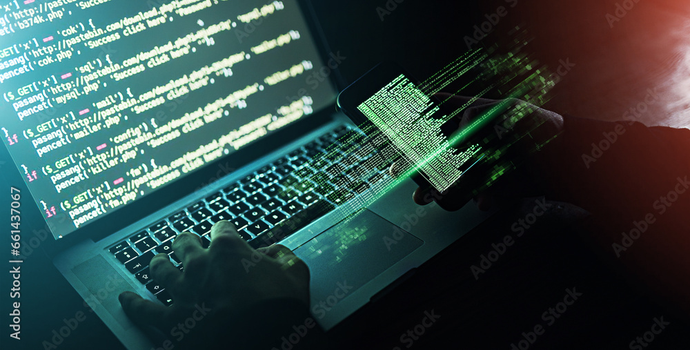 Poster dark, hologram and a hacker for cyber security, coding or connection to computer system. futuristic,