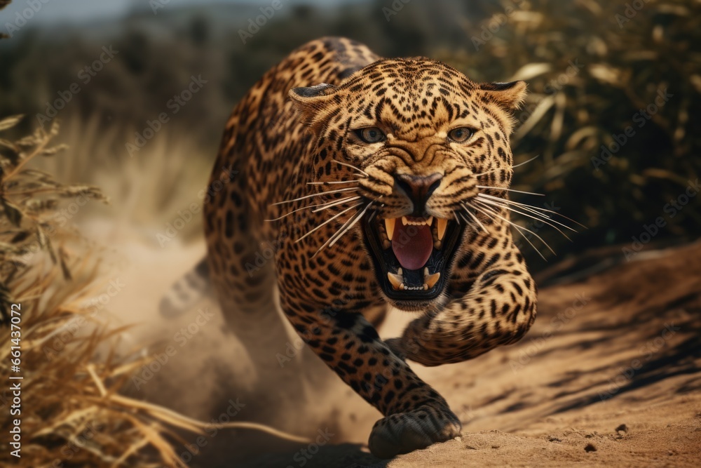 Poster A powerful and majestic leopard running at full speed across a dirt field. This dynamic image captures the grace and strength of this wild animal. Perfect for nature documentaries, wildlife magazines,
