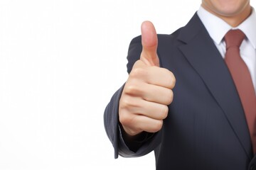 Finger of businessman pointing up white background