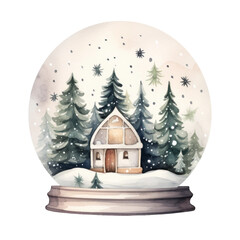 Snow globe with winter forest. Watercolor illustration for your design.