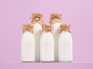 Composition of healthy drink. Milk bottles and using milk in cooking.