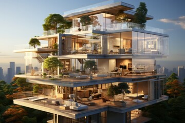 Luxurious modern penthouse cross-section with floor-to-ceiling windows, a rooftop garden, and panoramic views, Generative AI