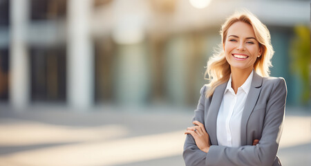 Fototapeta premium Smiling businesswoman outside office