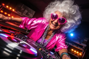 Fototapeta na wymiar A woman wearing a wig and sunglasses is seen playing a DJ set. This image can be used to depict a fun and vibrant party atmosphere or to illustrate music and entertainment events.