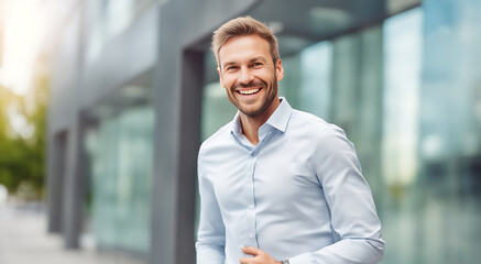 Fototapeta premium Businessman outside office, smiling