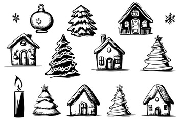 Christmas Greeting card. ketch Set of hand drawn buildings with fir tree and decorative elements