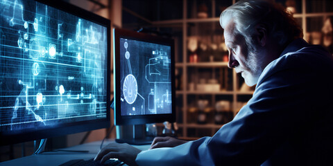 A scientist looking at a computer screen