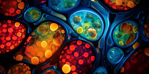 cells brightly colored cells glowing under the microscope
