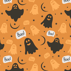 Vector pattern with ghosts on orange background. Element for horror design, Halloween celebrated concept.