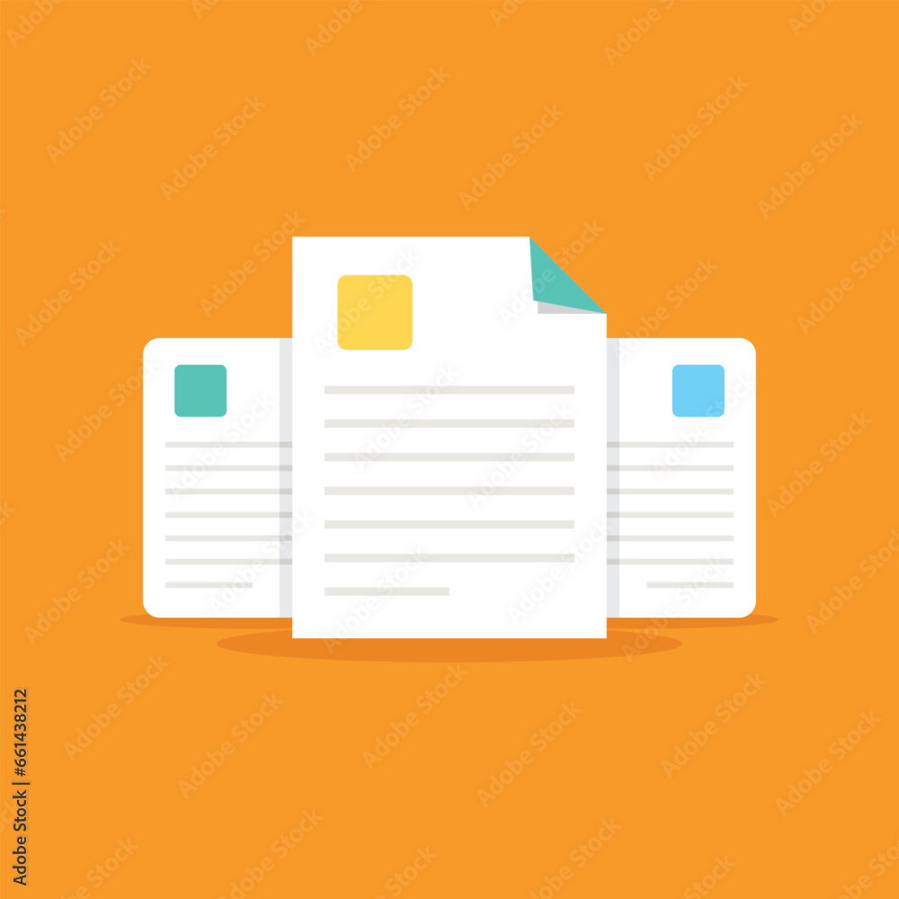 Poster document, folder with stamp and text icon in flat style. white papers vector illustration on isolate