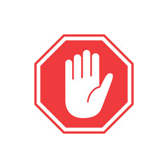 Stop sign with hand icon in flat style. Traffic control vector illustration on isolated background. Attention sign business concept.