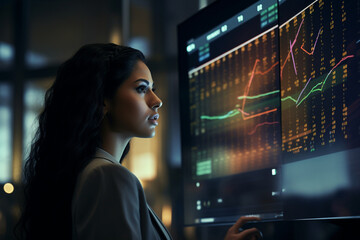 In a state-of-the-art trading floor, a woman trader interacts with colleagues while analyzing price charts on digital boards, representing the collaborative and dynamic nature of t 
