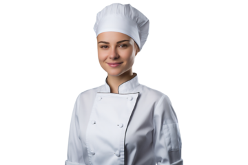 portrait of a beautiful female chef in chef's hat and jacket, png isolated on white background