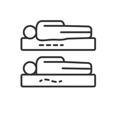 Good and bad mattress, linear icon. Mattress for the bed for correct back position, healthy sleep. Orthopaedic mattress. Spinal curvature, firm mattress. Scoliosis. Line with editable stroke