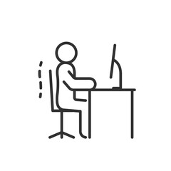 Correctly sitting at the computer, linear icon. Person sits with a straight posture at desk. Correct posture of the spinal column. Line with editable stroke