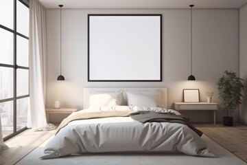 Modern contemporary bedroom with blank space for mock up poster over the bed