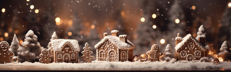 Weihnachtliche Lebkuchenszene im Schnee, Wald im Hintergrund - obrazy, fototapety, plakaty