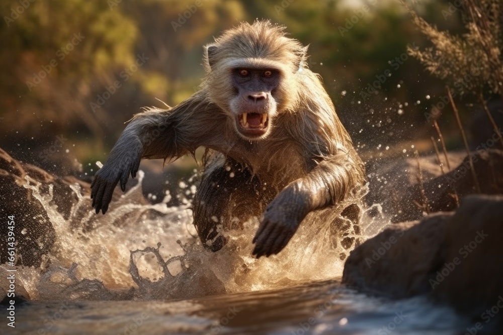 Poster A monkey captured in motion as it runs through water. This image can be used to depict the agility and playfulness of animals in their natural habitat.