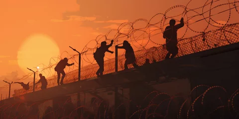 Fotobehang Refugees try to cross the border fence © xartproduction