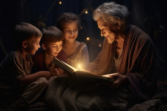A woman is seen reading a book to a group of children. This image can be used to depict storytelling, education, or childcare. - Powered by Adobe