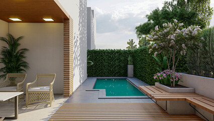 3D modeling and rendering of swimming pool design.