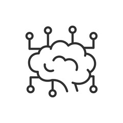 Neural interface, linear icon. Artificial intelligence. The brain and elements of an electronic circuit board. Line with editable stroke