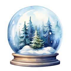 Snow globe with winter forest. Watercolor illustration for your design.