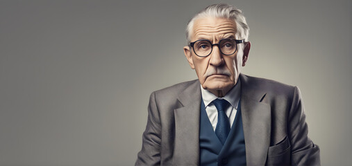 Serious elderly businessman on plain background