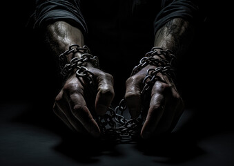 Fototapeta na wymiar A person's grip tightens on a dark chain, symbolizing the struggle to break free from the darkness within