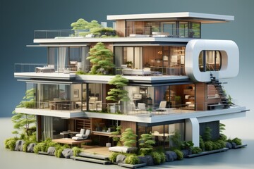 Sustainable modern home's cross-section with eco-friendly features like solar panels, rainwater harvesting, and green walls, Generative AI