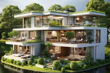 Sustainable modern home's cross-section with eco-friendly features like solar panels, rainwater harvesting, and green walls, Generative AI