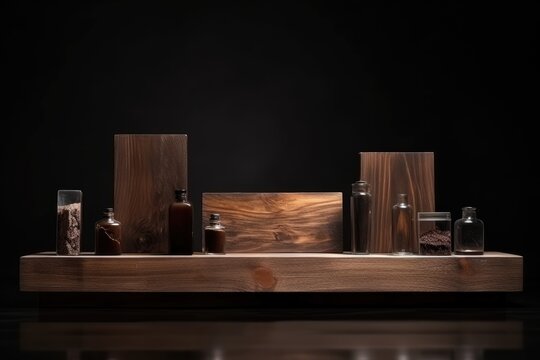 Rustic wood podium for perfume mockup