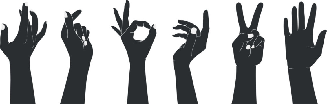 Set of raised human hands silhouettes with different gestures. Isolated vector illustration of human hands