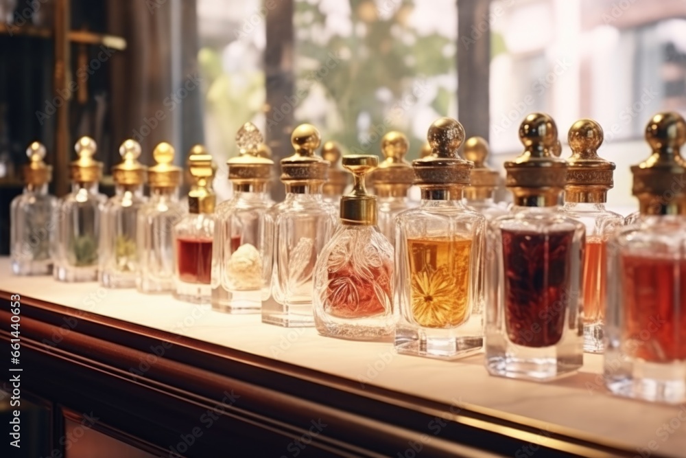 Poster A row of perfume bottles sitting on top of a counter. This image can be used to showcase various perfume brands or for an article about fragrance collection and display.