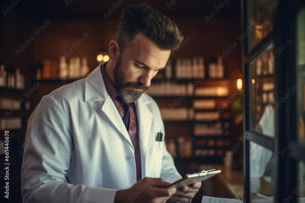 Poster a man in a lab coat attentively looking at his cell phone. this image can be used to depict a scient