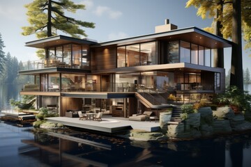 Modern lakeside home's cross-section with a spacious deck, boat dock, and a glass-walled living area overlooking the lake, Generative AI 
